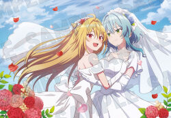  2girls ahoge anime_coloring blonde_hair blue_hair blush breasts bridal_veil bride cleavage cone_hair_bun cowboy_shot dress flower gloves green_eyes hair_between_eyes hair_bun hikikomari_kyuuketsuki_no_monmon long_hair looking_at_viewer multiple_girls open_mouth petals pink_flower red_eyes red_flower ribbon shitaya_tomoyuki short_hair small_breasts smile standing terakomari_gandezblood veil villhaze wedding_dress white_dress white_gloves 