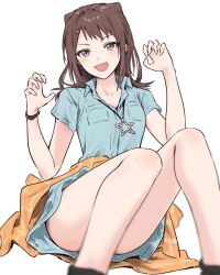  bang_dream! blush brown_hair bullfalk claw_pose commentary_request cone_hair_bun female hair_bun hair_ornament highres long_hair open_mouth purple_eyes shirt short_sleeves simple_background solo star_(symbol) star_hair_ornament thighs toyama_kasumi white_background white_shirt 
