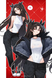  arms_behind_back bare_shoulders belt_collar black_hair black_pants black_shoes breasts collar covered_navel down_jacket earrings fate/grand_order fate_(series) female hair_ribbon hands_on_own_hips heart high_tops highleg highleg_leotard highres hip_vent hoop_earrings inhoso instagram_logo ishtar_(fate) jacket jewelry leotard long_hair long_legs looking_at_viewer medium_breasts open_clothes open_jacket pants parted_bangs patreon_logo red_eyes ribbon shoes smile sneakers solo spoken_heart sweatpants track_pants twitter_logo twitter_username two_side_up white_leotard 