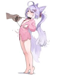  absurdres ahoge barefoot blush cone_hair_bun female flat_chest fox_girl fox_tail hair_bun hair_ornament heart heart_hair_ornament heterochromia highres purple_hair purple_tail sangobob simple_background stellive tail tenko_shibuki tiptoes twintails virtual_youtuber white_background yellow_eyes 