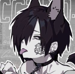  1boy animal_ears black_eyes black_hair chain_leash chains chino_(sky_tanosi) collar commentary_request dog_boy dog_ears dog_tail ear_piercing gauze gauze_on_cheek grey_background hair_over_one_eye leash looking_at_viewer male_focus off_shoulder original paw_pose piercing short_hair solo tail tongue tongue_out upper_body 