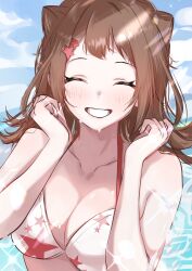  :d ^_^ absurdres bang_dream! bare_arms bare_shoulders bikini blue_sky blush breasts brown_hair cleavage closed_eyes cloud collarbone commentary_request cone_hair_bun day double_bun facing_viewer female grin hair_bun hair_ornament hairclip halterneck hands_up highres houji_tea_latte large_breasts long_hair outdoors print_bikini sky smile solo sparkle star_(symbol) star_hair_ornament star_print swimsuit toyama_kasumi upper_body water white_bikini 