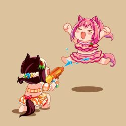  &gt;_&lt; 2girls :d animal_ears bare_arms bare_shoulders barefoot bikini blush_stickers braid brown_background brown_hair chibi closed_eyes commentary_request detached_sleeves flower hair_flower hair_intakes hair_ornament haru_urara_(umamusume) highres holding horse_ears horse_girl horse_tail jumping long_hair moko39_takasora multicolored_hair multiple_girls on_one_knee pink_bikini pink_hair plaid_bikini plaid_clothes plaid_sleeves ponytail puffy_short_sleeves puffy_sleeves red_flower shadow short_sleeves sidelocks simple_background smile soles special_week_(hopping_vitamin_heart)_(umamusume) special_week_(umamusume) swimsuit tail two-tone_hair umamusume water water_gun white_hair xd 