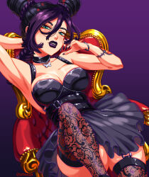  absurdres alternate_costume arm_behind_head arm_tattoo armpits black_choker black_dress black_hair bracelet braid braided_ponytail breasts butterfly_ornament chair choker cleavage cone_hair_bun cross double_bun dress english_commentary female gamusaur garter_straps goth_fashion green_eyes hair_bun highres jewelry jojo_no_kimyou_na_bouken kujo_jolyne looking_at_viewer makeup medium_breasts multicolored_hair purple_background purple_hair purple_lips purple_nails short_dress sitting solo stone_ocean tattoo thighhighs two-tone_hair 