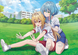  2girls ahoge akuyaku_reijou_level_99:_watashi_wa_ura-boss_desu_ga_maou_dewa_arimasen anime_coloring blonde_hair blue_hair blush breasts building collarbone cone_hair_bun green_eyes gym_uniform hair_between_eyes hair_bun hikikomari_kyuuketsuki_no_monmon kneeling long_hair looking_at_viewer multiple_girls official_art open_hands open_mouth outdoors outstretched_arms palms pushing red_eyes shirt shitaya_tomoyuki shoes short_hair short_sleeves sitting smile spread_fingers spread_legs stretching terakomari_gandezblood tree villhaze white_shirt wide_spread_legs 