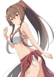  absurdres bikini blush breasts brown_eyes brown_hair cherry_blossoms cowboy_shot female flower hair_between_eyes hair_flower hair_intakes hair_ornament highres kantai_collection large_breasts long_hair looking_at_viewer navel ponytail red_sarong sarong simple_background smile solo sukimizaki swimsuit very_long_hair white_background white_bikini yamato_(kancolle) yamato_(swimsuit)_(kancolle) 