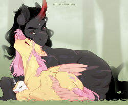  broken_horn dark_horn duo equid equine evehly feathered_wings feathers female feral fluttershy_(mlp) friendship_is_magic hasbro horn king_sombra_(mlp) laying_together lying lying_on_ground male male/female mammal my_little_pony mythological_creature mythological_equine mythology on_front on_ground pegasus tenderness unicorn wings 