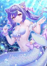  bare_shoulders blush breasts cleavage collarbone commentary_request cone_hair_bun diamond-shaped_pupils diamond_(shape) double_bun female fingernails frilled_wrist_cuffs frills genshin_impact hair_between_eyes hair_bun highres jewelry keqing_(genshin_impact) long_hair looking_at_viewer mermaid monster_girl monsterification nail_polish navel necklace pearl_necklace purple_eyes purple_hair purple_nails purple_pupils purple_wrist_cuffs single_wrist_cuff small_breasts smile stomach symbol-shaped_pupils tateko25wiz twintails underwear very_long_hair wrist_cuffs 