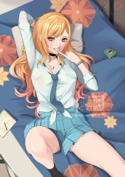  arm_up artist_name ass_visible_through_thighs bare_legs black_choker black_socks blonde_hair blue_necktie blue_sky bracelet breasts choker cleavage collarbone collared_shirt commentary earrings eightyfourart eyelashes feet_out_of_frame female finger_to_mouth from_above gradient_hair highres indoors jewelry kitagawa_marin knee_up long_sleeves looking_at_viewer lying medium_breasts miniskirt multicolored_hair necklace necktie on_back on_bed pencil pink_eyes plaid_clothes plaid_skirt pleated_skirt ring school_uniform shirt sidelocks skirt sky socks solo sono_bisque_doll_wa_koi_wo_suru thighs tied_shirt watermark web_address white_shirt 