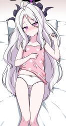  absurdres black_hair blue_archive blush bow bow_panties camisole commentary_request demon_horns female highres hina_(blue_archive) horns long_hair looking_at_viewer lying midriff_peek nanju_bami nose_blush on_back on_bed panties pillow pink_camisole polka_dot_camisole purple_eyes sidelocks solo underwear underwear_only very_long_hair white_hair white_panties 