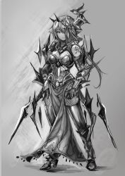  armor boots breasts cleavage closed_mouth commentary_request crystal expressionless female full_body gauntlets greyscale hair_over_one_eye horns long_hair looking_at_viewer monochrome original pelvic_curtain pointy_ears rudia side_slit single_horn solo thigh_boots very_long_hair 