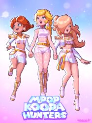  3girls absurdres bare_shoulders blonde_hair blue_eyes blush boots breasts brown_hair choker cosplay crop_top cropped_shirt earrings flower_earrings hair_over_one_eye high_heel_boots high_heels highres jacket jewelry knee_boots kpop_demon_hunters large_breasts long_hair long_sleeves mario_(series) midriff mira_(kpop_demon_hunters) mira_(kpop_demon_hunters)_(cosplay) multiple_girls navel open_clothes open_jacket open_mouth princess_daisy princess_peach rosalina rumi_(kpop_demon_hunters) rumi_(kpop_demon_hunters)_(cosplay) sarukaiwolf shirt skirt sleeveless smile sphere_earrings star_(symbol) star_earrings thigh_boots white_boots white_choker white_jacket white_shirt white_skirt zoey_(kpop_demon_hunters) zoey_(kpop_demon_hunters)_(cosplay) 