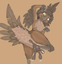  absurd_res ambiguous_gender anthro avian beak bird black_beak brown_background brown_body brown_feathers feathers fuchs hi_res low-angle_view scuted_legs scutes simple_background solo tail tail_feathers yellow_eyes 