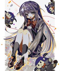  :d black_socks blush bow bowtie brown_shoes c: character_cutout chibi collared_shirt colored_shadow commentary_request confetti dot_nose drop_shadow female full_body grey_eyes grey_jacket grey_shirt grey_skirt heart highres invisible_floor jacket kneehighs knees_up loafers long_hair long_sleeves looking_to_the_side miniskirt ohi_(w_9e) open_clothes open_jacket open_mouth orange_ribbon outside_border pillarboxed purple_hair red_bow red_bowtie ribbon school_uniform seishou_music_academy_uniform shadow shirt shoes shoujo_kageki_revue_starlight sitting skirt smile socks solid_oval_eyes tsuyuzaki_mahiru two_side_up white_background 
