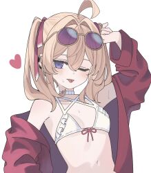  ;p ahoge arm_up bikini blonde_hair blush breasts choker eyewear_on_head female frilled_bikini frills front-tie_bikini_top front-tie_top hair_between_eyes hair_intakes hair_ribbon heart highres jacket looking_at_viewer naides09 navel off_shoulder one_eye_closed open_clothes open_jacket original purple-tinted_eyewear purple_eyes red_jacket red_ribbon ribbon simple_background small_breasts solo sunglasses sweat swimsuit tinted_eyewear tongue tongue_out twintails upper_body white_background white_bikini white_choker 