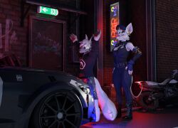  absurd_res anthro aphex_twin arrested bar dirtbike duo female ford ford_mustang fur hi_res male male/female mammal murid murine officer officer_flint_(foresttherotten) rat rodent skulldog_(species) street white_body white_fur z4rk0 