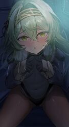  :o absurdres ass_visible_through_thighs black_gloves black_ribbon blush breasts brown_pantyhose cockpit covered_navel embarrassed female fur_collar fur_trim furrowed_brow gloves goddess_of_victory:_nikke green_hair hair_between_eyes hair_intakes hair_ribbon hairband heavy_breathing highres index_fingers_together kilo_(nikke) leotard long_hair long_sleeves looking_at_viewer mechanical_gloves pantyhose ribbon shrug_(clothing) sitting small_breasts solo ssa_(kiseion) tearing_up thighs yellow_eyes yellow_hairband 