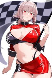  absurdres alternate_costume bamboo_tac bikini black_bikini blush braid braided_ponytail breasts checkered_flag cleavage fate/grand_order fate_(series) female flag florence_nightingale_(fate) folded_ponytail highleg highleg_bikini highres large_breasts long_hair long_sleeves looking_at_viewer miniskirt multicolored_bikini navel pencil_skirt pink_hair race_queen red_bikini red_eyes red_shrug red_skirt sidelocks skirt solo stomach swimsuit thighs two-tone_bikini 