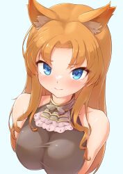  absurdres animal_ears bare_shoulders black_bodysuit blonde_hair blue_background blue_eyes blush bodysuit breasts cat_ears choker embarrassed emil_chronicle_online female frilled_choker frills highres large_breasts long_hair mitama_elise silver-index upper_body 