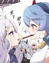  &gt;_&lt; 4girls ako_(blue_archive) armband black-framed_eyewear black_necktie black_skirt blue_archive blue_eyes blue_hair blush breasts brown_hair chinatsu_(blue_archive) dark-skinned_female dark_skin drooling food food_in_mouth glasses grey_hair hair_between_eyes hair_over_one_eye hairband halo heart heart_in_eye high-waist_skirt highres hina_(blue_archive) horns iori_(blue_archive) large_breasts long_hair looking_at_another mosuke1221 multiple_girls necktie open_mouth pocky pocky_in_mouth pocky_kiss pointy_ears prefect_team_(blue_archive) puckered_lips purple_eyes purple_halo red_armband saliva shared_food simple_background skirt symbol_in_eye twintails upper_body white_background white_hair yuri 