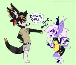  anthro bat bat_wings bottomwear clothing collar duo ear_piercing female flightov kangaroo macropod male mammal marsupial membrane_(anatomy) membranous_wings meme midnight_flight_(character) piercing shirt shorts submissive t-shirt topwear wings yan_(kochack) 