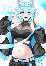  :d absurdres animal_ear_fluff animal_ears bandeau bare_shoulders belt black_bandeau black_collar black_jacket black_shorts blue_eyes blue_hair blue_jacket blue_tail blush breasts collar commentary_request covered_collarbone cowboy_shot cross dated female fox_ears fox_girl fox_tail groin hair_between_eyes happy_birthday heart highres ho_seppen holding holding_pen indie_virtual_youtuber jacket large_breasts latin_cross long_sleeves looking_at_viewer midriff nagumo_asu navel off_shoulder open_clothes open_jacket open_mouth pen see-through_cleavage see-through_clothes shorts sidelocks smile solo standing stomach_tattoo tail tattoo teeth twitter_username two-sided_fabric two-sided_jacket upper_teeth_only v virtual_youtuber white_belt 
