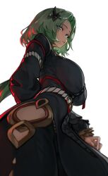  absurdres arm_behind_back black_dress black_flower black_nails blue_eyes breasts buttons commentary cowboy_shot dress female flower from_below green_hair hair_flower hair_ornament highres hip_vent isolde_(zenless_zone_zero) long_hair long_sleeves looking_at_viewer m3ru mole mole_on_cheek pelvic_curtain sidelighting simple_background solo white_background zenless_zone_zero 