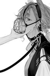  2girls absurdres animal_ears asticassia_school_uniform bluish_gray_cat closed_mouth collar commentary dog_ears greyscale gundam gundam_suisei_no_majo hairband hand_on_another&#039;s_face highres kemonomimi_mode leash long_hair looking_at_viewer miorine_rembran monochrome multiple_girls muzzle_(mask) school_uniform suletta_mercury thick_eyebrows 