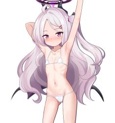  ahoge armpits bikini black_halo blue_archive breasts demon_girl demon_horns demon_wings female flat_chest halo highres hina_(blue_archive) horns kommandoh long_hair looking_at_viewer micro_bikini navel purple_eyes simple_background small_breasts standing swimsuit white_background white_hair wings 