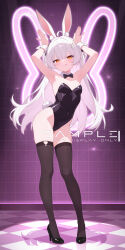 absurdres ahoge animal_ear_fluff animal_ears armpits arms_up black_bow black_bowtie black_leotard black_ribbon black_shoes black_thighhighs bow bowtie breasts checkered_floor closed_mouth collar covered_navel detached_collar female full_body hair_intakes hair_ornament hair_ribbon high_heels highres huangse_zhijin indoors leotard licking_lips long_hair looking_at_viewer orange_eyes original playboy_bunny rabbit_ears rabbit_girl rabbit_hair_ornament rabbit_pose rabbit_tail ribbon sample_watermark shadow shoes sidelocks small_breasts smile solo tail thighhighs tongue tongue_out two_side_up very_long_hair watermark white_collar white_hair white_wrist_cuffs wrist_cuffs 