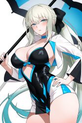  absurdres bamboo_tac black_bow black_dress blue_eyes blush bow breasts cleavage dress fate/grand_order fate_(series) female grey_hair hairbow highres large_breasts long_hair long_sleeves looking_at_viewer morgan_le_fay_(fate) ponytail race_queen sidelocks solo thighs 