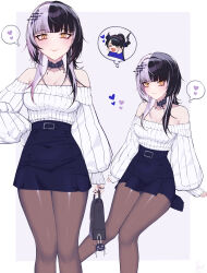  &gt;_&lt; 2girls absurdres alternate_costume arm_support bag bare_shoulders black_hair black_nails black_pantyhose blue_hair blue_skirt blunt_bangs blush border breasts chibi chibi_inset choker cleavage closed_eyes closed_mouth colored_inner_hair commentary danz demon_horns earrings english_commentary feet_out_of_frame fingernails grey_hair hair_ornament handbag hands_on_own_cheeks hands_on_own_face heart highres holding holding_bag hololive hololive_english horns invisible_chair jewelry large_breasts long_hair long_sleeves multicolored_hair multiple_girls multiple_views nail_polish nerissa_ravencroft off-shoulder_sweater off_shoulder outside_border pantyhose puffy_long_sleeves puffy_sleeves shiori_novella signature sitting skirt sleeves_past_wrists smile speech_bubble split-color_hair standing sweater thought_bubble twitter_username two-tone_hair virtual_youtuber white_border white_sweater yorick_(shiori_novella) 