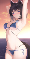  animal_ear_fluff animal_ears armpits arms_up bikini black_choker black_hair black_tail blue_archive blue_bikini blush breasts cat_ears cat_girl cat_tail choker criss-cross_straps flower gradient_sky groin highres horizon kikyou_(blue_archive) kikyou_(swimsuit)_(blue_archive) layered_bikini looking_at_viewer medium_breasts multi-strapped_bikini_bottom navel ocean purple_eyes sky smile standing swimsuit tail tatsumiya_kagari twilight underboob white_flower 