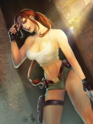  1girls adjusting_eyewear adjusting_glasses adjusting_sunglasses auburn_hair big_breasts black_gloves breasts brown_eyes busty cleavage cuneiform female female_only fingerless_gloves forty_fathoms_(artist) gloves green_shorts gun holding_gun human lara_croft lara_croft_(classic) large_breasts leather_gloves lipstick pinup ponytail red-tinted_eyewear red_lips red_lipstick shirt short_shorts shorts solo standing stone_tablet sunglasses thighs tinted_eyewear tomb_raider white_shirt 