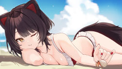  absurdres beach bikini black_hair blue_sky blurry blurry_background breasts brown_eyes closed_mouth cloud commentary_request day female frilled_bikini frills highres inui_toko medium_breasts nijisanji nikuya_mugi ocean one_eye_closed outdoors polka_dot polka_dot_bikini red_bikini short_hair sky solo swimsuit virtual_youtuber 