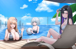  3girls :d absolute_(nikke) absurdres adjusting_eyewear asymmetrical_bangs ball bare_shoulders barefoot beach_chair beach_umbrella beachball bikini black_bikini black_hair blue_eyes blue_sky blunt_bangs blush bow breasts brown_hair cleavage closed_mouth cloud collarbone colored_inner_hair commentary day earrings emma_(nikke) eunhwa_(nikke) eyewear_on_head frilled_bikini frills frown full_body goddess_of_victory:_nikke grey_bikini grey_hair hairbow hand_up highres holding holding_ball holding_beachball huge_breasts in_water jewelry large_breasts long_hair looking_at_viewer medium_breasts mole mole_under_mouth multicolored_bikini multicolored_hair multiple_girls noorung open_mouth outdoors palm_leaf pool purple_eyes purple_hair shadow short_hair sidelocks sitting sky smile star_(symbol) star_earrings stomach striped_bow sunglasses swimsuit teeth two-tone_bikini umbrella upper_teeth_only vesti_(nikke) water wet yellow_eyes 