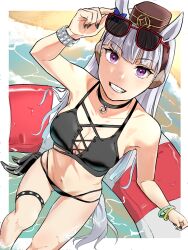  adjusting_eyewear animal_ears bikini black_bikini black_nails bracelet breasts female gold_ship_(umamusume) grey_hair grin hand_on_eyewear highres horse_ears horse_girl horse_tail innertube jewelry long_hair medium_breasts meron_no_amime navel ocean pillbox_hat purple_eyes sand smile solo sunglasses swim_ring swimsuit tail teeth thigh_strap umamusume 