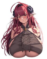  ahoge azur_lane black_horns blush breasts clothing_cutout collar crop_top curled_horns demon_horns female forward-facing_horns hairband highres hindenburg_(azur_lane) horns huge_breasts looking_at_viewer mua_(mua_pb) open_mouth pointy_ears red_eyes red_hair simple_background solo underboob underboob_cutout upper_body white_background 
