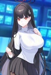  absurdres black_hair black_jacket black_skirt blue_archive blurry blurry_background blush breasts bright_pupils commentary cowboy_shot female hair_ornament hairclip halo highres jacket large_breasts long_hair long_sleeves looking_at_viewer open_clothes open_jacket opened_by_self parted_lips pleated_skirt red_eyes ribbed_sweater ringed_eyes rio_(blue_archive) skirt solo standing sweater turtleneck turtleneck_sweater umirunie very_long_hair white_pupils white_sweater 
