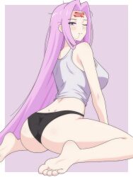  absurdly_long_hair absurdres arms_between_legs ass ass_focus barefoot black_panties blush border breasts closed_mouth collarbone commentary covered_nipples crop_top dani_(angrymatthew) english_commentary eyebrows_hidden_by_hair eyes_visible_through_hair facial_mark fate/grand_order fate/stay_night fate_(series) feet female foot_focus forehead_mark hair_in_own_mouth highres large_breasts long_bangs long_hair medusa_(fate) medusa_(rider)_(fate) messy_hair one_eye_closed outside_border panties parted_bangs purple_background purple_eyes purple_hair simple_background sitting solo tank_top thighs underwear very_long_hair wariza white_border 