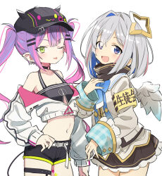  2girls absurdres amane_kanata amane_kanata_(1st_costume) angel_wings armband baseball_cap belt bibi_(tokoyami_towa) black_hat blue_eyes blue_hair blue_ribbon collar crop_top ear_piercing earrings gazacy_(dai) green_eyes hair_ornament hair_over_one_eye hat highres hololive jacket jewelry multicolored_hair multiple_girls navel navel_piercing off-shoulder_sweater off_shoulder piercing purple_hair ribbon short_hair short_shorts shorts skirt smile streaked_hair sweater tokoyami_towa tokoyami_towa_(1st_costume) tongue tongue_out twintails virtual_youtuber wings 