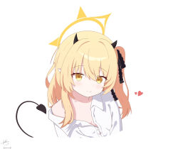  absurdres artist_name black_horns black_tail blonde_hair blue_archive closed_mouth collarbone dated demon_girl demon_horns demon_tail duochichufanghuashengmi female halo heart highres horns ibuki_(blue_archive) medium_hair pointy_ears shirt simple_background single_bare_shoulder smile solo tail white_background white_shirt yellow_eyes yellow_halo 