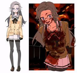  :d aotsuki_eito arm_behind_back black_bow black_bowtie black_gloves black_shoes blood blood_on_clothes blood_on_face bow bowtie cardigan cosplay female genderswap_(mtf) glasses gloves grey_hair grey_leggings hand_on_own_arm highres kimi_to_kanojo_to_kanojo_no_koi. leggings long_hair looking_at_viewer multiple_views open_mouth pantyhose pleated_skirt purple_eyes rule_63 sailor_collar school_uniform serafuku shoes si_ming skirt smile sone_miyuki sone_miyuki_(cosplay) spoilers the_hundred_line_-last_defense_academy- twitter_username white_sailor_collar white_serafuku white_skirt yellow_cardigan 