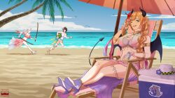  3girls absurdres alice_(dkfl_tm09too) beach beach_chair bikini black_horns black_tail black_wings blindfold blonde_hair blue_eyes braid breasts cleavage demon_girl demon_horns demon_tail demon_wings food fruit gradient_hair hat highres holding holding_sword holding_weapon hololive holonatsu_paradise horizon horns large_breasts long_hair multicolored_hair multiple_girls nakiri_ayame nakiri_ayame_(holonatsu_paradise) ocean one_eye_closed oozora_subaru oozora_subaru_(holonatsu_paradise) pink_hair pink_sarong pointy_ears purple_bikini sand sarong sitting solo_focus swimsuit sword tail unworn_hat unworn_headwear virtual_youtuber watermelon weapon wide_shot wings wooden_sword yuzuki_choco yuzuki_choco_(holonatsu_paradise) 