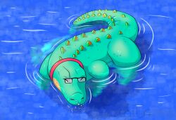  blue_body blue_scales collar crocodile crocodilian eyewear feral floating glasses green_body green_scales hi_res orange_body orange_scales reptile scales scalie solo water 