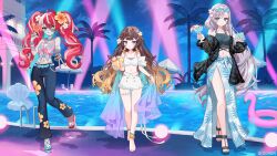  3girls :d absurdres ahoge anklet anya_melfissa anya_melfissa_(holonatsu_paradise) aqua_eyes asymmetrical_footwear bare_arms barefoot bead_bracelet beads bell-bottoms belt bikini bikini_skirt black_nails blonde_hair blue_belt blue_bikini blue_nails blue_pants blue_sarong blunt_ends book bracelet braid braided_bangs breasts bright_pupils brown_hair center-flap_bangs colored_skin commentary_request copyright_notice cup denim diamond-shaped_pupils diamond_(shape) drill_hair drill_sidelocks drink english_text eyewear_on_head flat_chest floral_print_shirt flower front-tie_top full_body gradient_eyes gradient_hair green_eyes grey_hair grey_skin grin hair_flower hair_ornament hairclip heterochromia highres holding holding_book holding_cup holding_drink hololive hololive_indonesia holonatsu_paradise holoro jeans jewelry kureiji_ollie kureiji_ollie_(holonatsu_paradise) lace leaf_print light_particles long_hair looking_at_viewer medium_breasts midriff mismatched_footwear mismatched_pupils multi-strapped_bikini_top multicolored_eyes multicolored_hair multicolored_skin multiple_girls nail_polish navel necklace night off_shoulder official_alternate_costume official_alternate_hairstyle official_art palm_tree pants patchwork_skin pavolia_reine pavolia_reine_(holonatsu_paradise) pink_hair pink_shirt pool purple_eyes red_eyes red_hair saku_nosuke sandals sarong second-party_source shirt side_braid sidelocks sleeveless sleeveless_shirt smile stitched_arm stitched_face stitches stomach streaked_hair sunglasses swept_bangs swimsuit swimsuit_cover-up symbol-shaped_pupils thigh_strap tied_shirt toenail_polish toenails tree twintails two-tone_skin very_long_hair virtual_youtuber wavy_hair white_bikini white_hair white_pupils white_skin x-shaped_pupils yellow_eyes zombie 