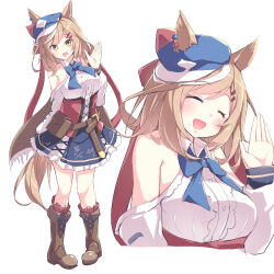  :d ^_^ absurdres animal_ears armpit_crease bare_shoulders blue_bow blue_bowtie blue_hat blue_skirt boots bow bowtie breasts brown_boots brown_hair closed_eyes clothing_cutout commentary corset cropped_torso cross-laced_clothes cross-laced_corset ears_through_headwear female frilled_skirt frilled_socks frills full_body hair_ornament hairclip hat highres horse_ears horse_girl horse_tail kanzakietc knee_boots kneehighs large_breasts long_hair looking_at_viewer matikane_tannhauser_(umamusume) miniskirt multicolored_hair multiple_views newsboy_cap open_mouth parallel_hairclips red_corset red_socks shirt shoulder_cutout skirt smile socks standing streaked_hair tail umamusume underbust white_hair white_shirt yellow_eyes 