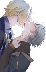  2boys adam&#039;s_apple black_shirt blonde_hair blue_jacket braid collared_shirt commentary_request earrings fingernails from_side grey_hair hair_behind_ear hand_on_own_neck highres hugo_vlad jacket jewelry kurashiki_(kas0) layered_sleeves licking long_sleeves male_focus multiple_boys necktie open_mouth piercing pointy_ears shirt short_over_long_sleeves short_sleeves simple_background single_braid tongue tongue_out upper_body white_background wing_collar wise_(zenless_zone_zero) yaoi zenless_zone_zero 