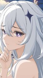  absurdres abysssian aged_up artist_name bare_shoulders bright_pupils female genshin_impact hair_between_eyes hair_intakes hair_ornament hand_on_own_chin highres long_hair looking_at_viewer paimon_(genshin_impact) portrait purple_eyes signature solo upper_body white_hair white_pupils 