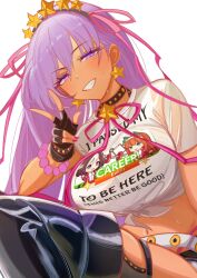  0nineo9 absurdres bb_(fate) bb_(swimsuit_mooncancer)_(fate) bb_(swimsuit_mooncancer)_(second_ascension)_(fate) black_gloves breasts dark-skinned_female dark_skin fate/grand_order fate_(series) female fingerless_gloves gloves grin hair_ribbon highres large_breasts long_hair looking_at_viewer midriff purple_eyes purple_hair ribbon shirt short_hair silence_suzuka_(umamusume) smile special_week_(umamusume) star_(symbol) t-shirt thighhighs umamusume v very_long_hair 